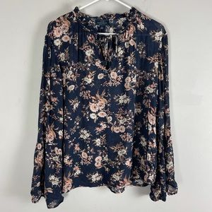 Lucky Brand floral bell sleeve tie blouse L/S navy